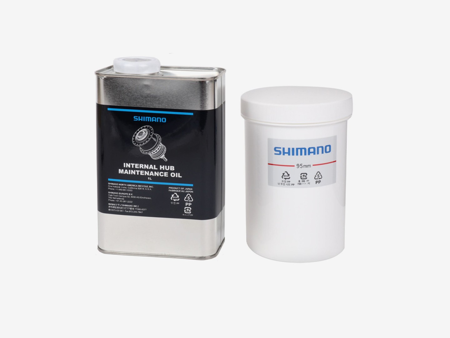 Shimano underhållsoljedunk och doppbehållare sida vid sida