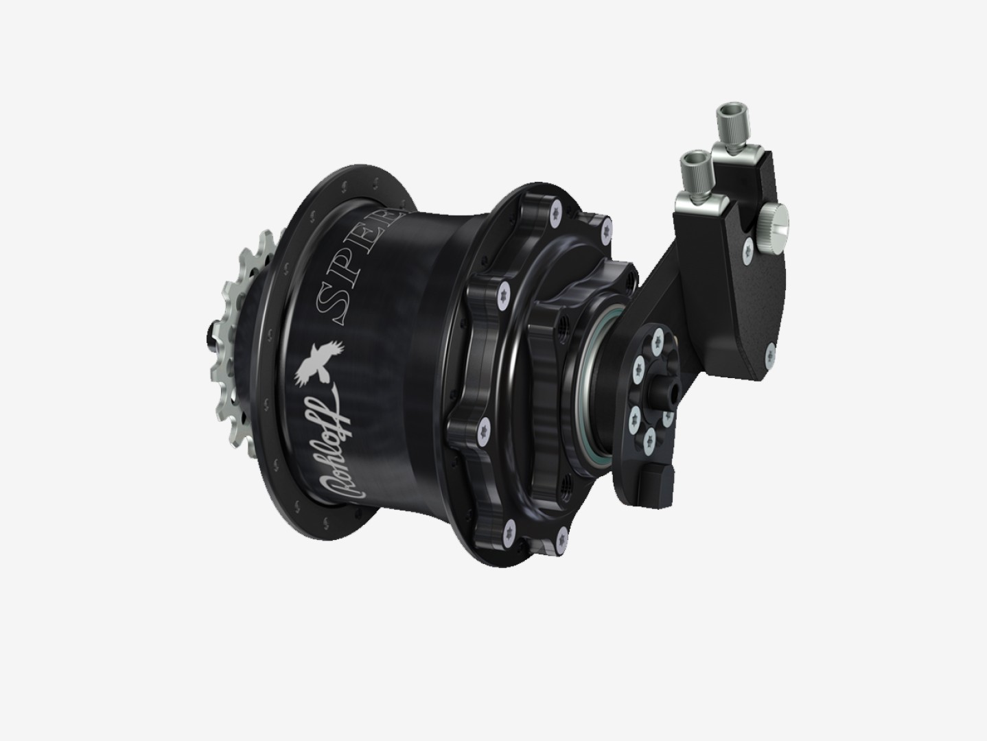 Rohloff Speedhub 500/14 CC DB OEM versnellingsnaaf in zwart met externe schakelmechaniek en asplaat