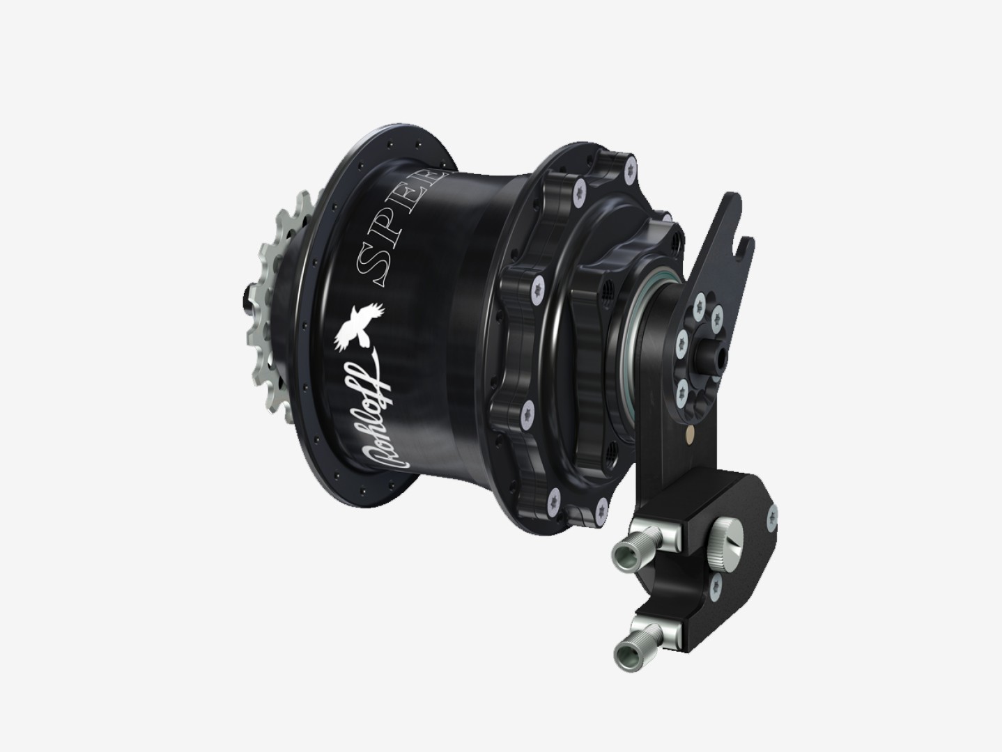 Rohloff Speedhub 500/14 CC DB OEM2 versnellingsnaaf in zwart met externe schakelmechaniek en asplaat