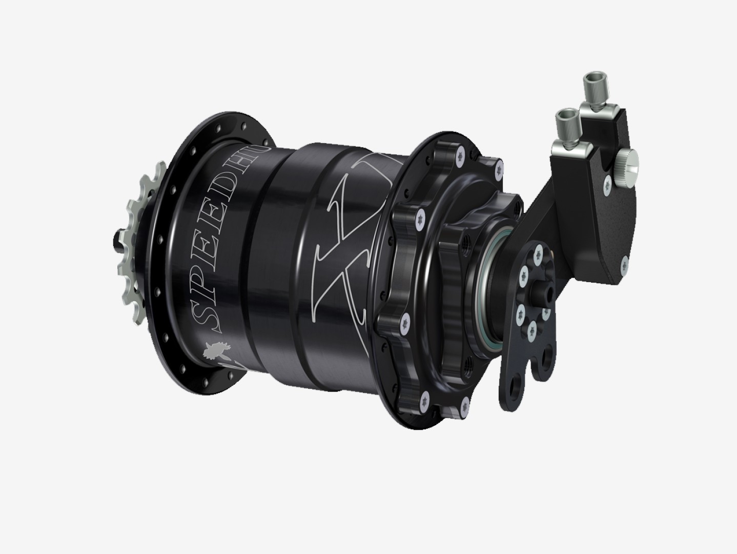 Rohloff Speedhub 500/14 CC DB XL versnellingsnaaf in zwart met externe schakelmechaniek en asplaat