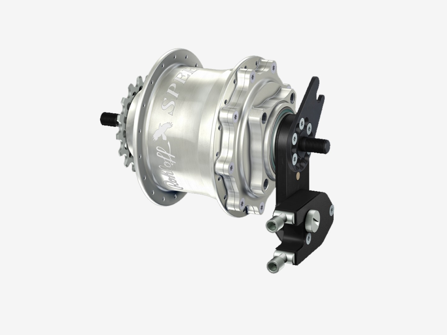 Rohloff Speedhub 500/14 TS DB OEM2, 32-gaats, zilver geanodiseerd, met externe schakelmechaniek en asplaat