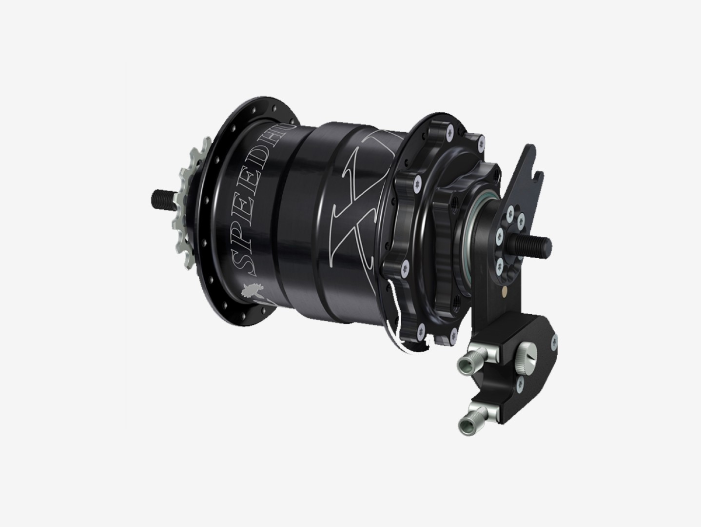 Rohloff Speedhub 500/14 TS DB OEM2 XL versnellingsnaaf in zwart met externe schakelmechaniek en asplaat
