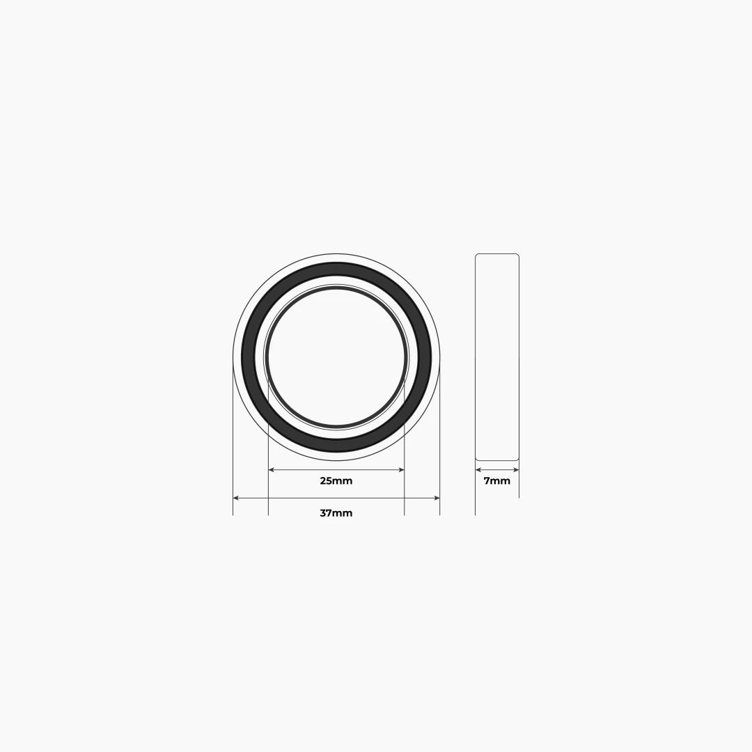 Dimension drawing of the bearing: 25 mm bore, 37 mm outer diameter and 7 mm width