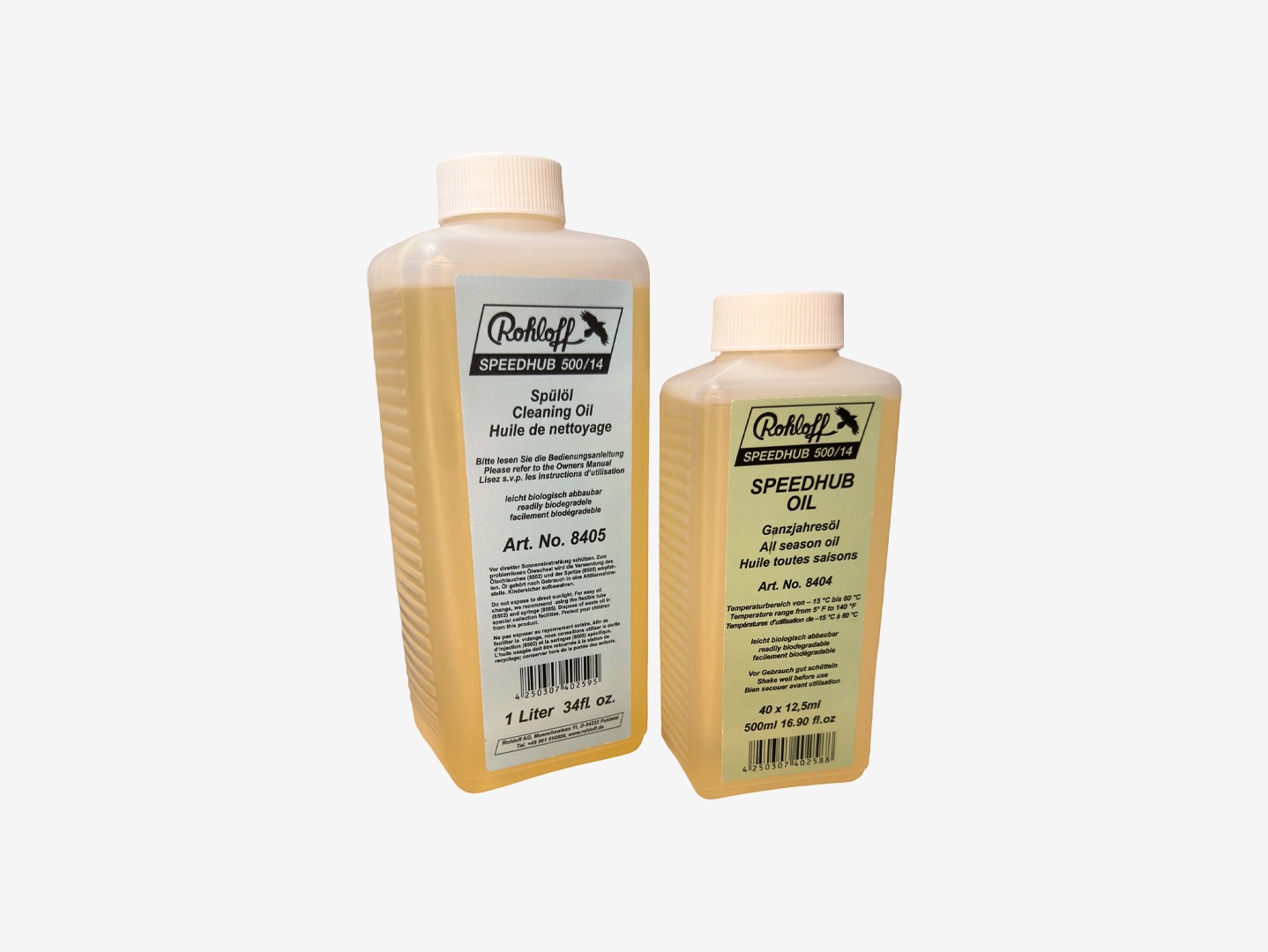Rohloff 1 liters flaske renseolie og SPEEDHUB OIL-flaske
