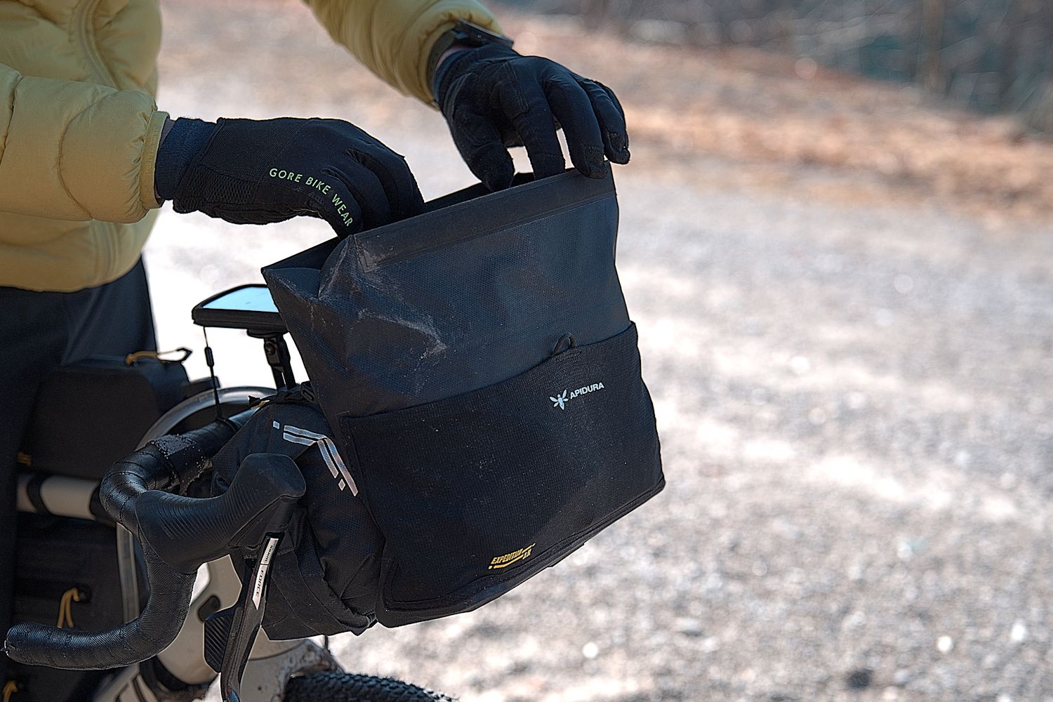 Apidura Expedition Front Accessory Pack on an Expedition Handlebar Pack
