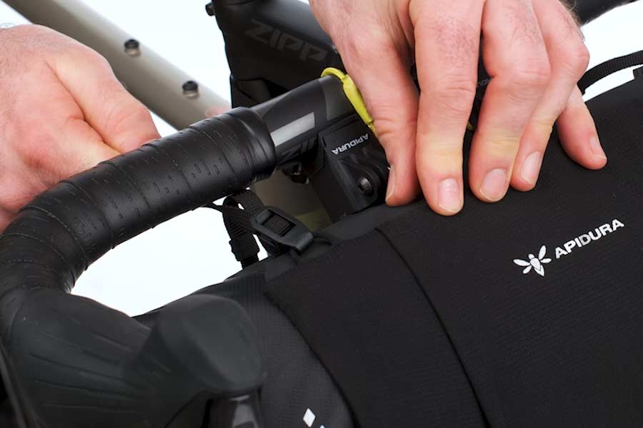 Anchor Rails and cord hooks attaching the Apidura Expedition Front Cargo Mesh