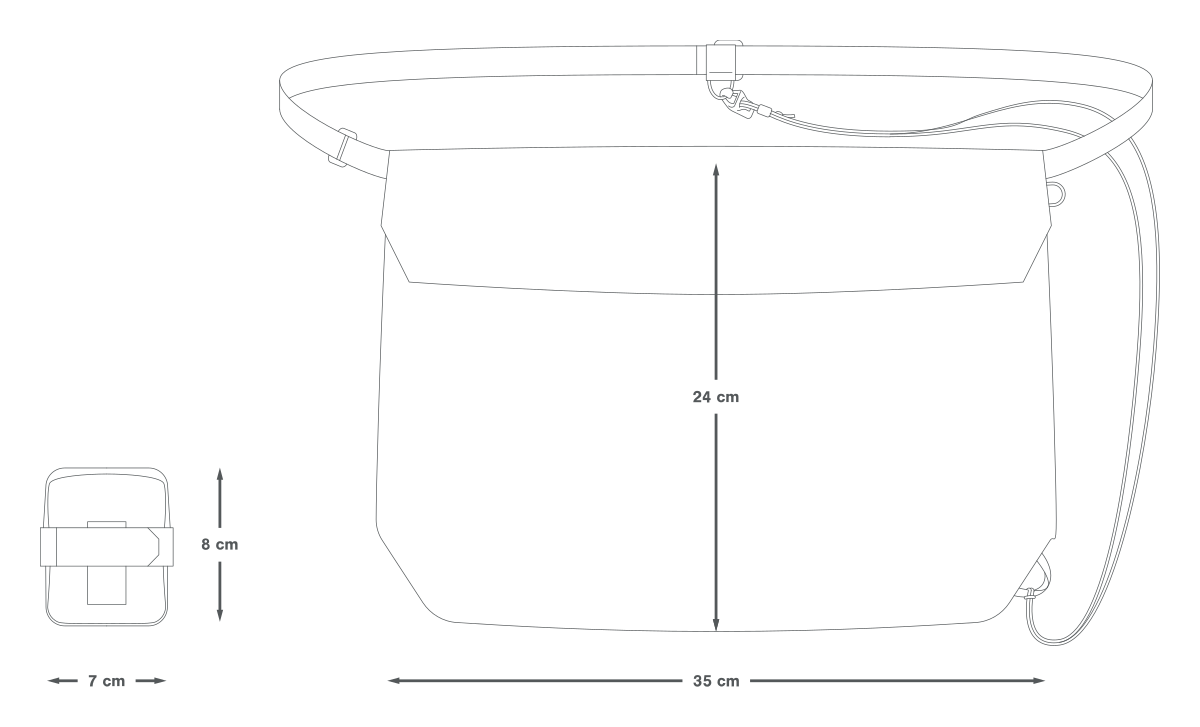 Apidura Packable Musette, mål i cm, åben og pakket sammen