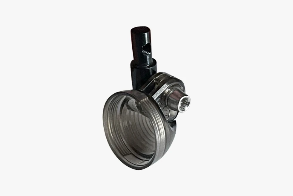 Reflection rear light mounting set: a black post with a smoked translucent threaded cup and a stainless clamp band with a screw