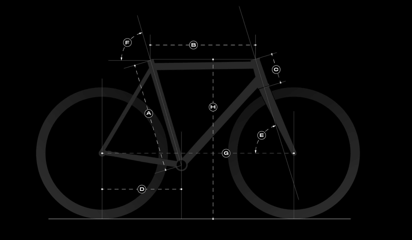 Geometry diagram of the Booda Bike Pulse with measurement points A to J