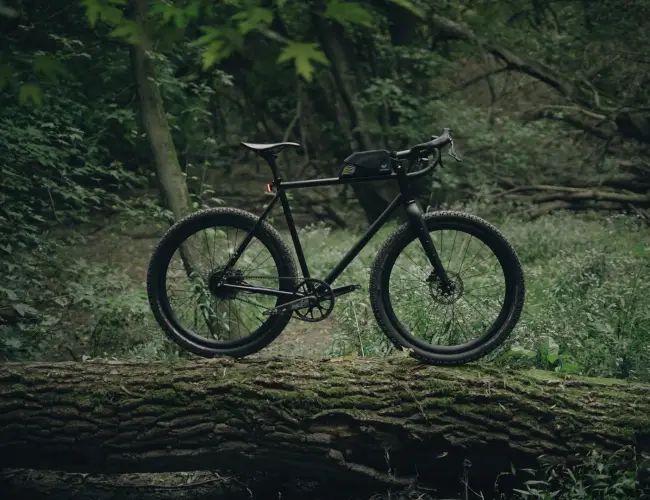 Booda Bike Alpine gravel bike standing on a fallen tree in a forest