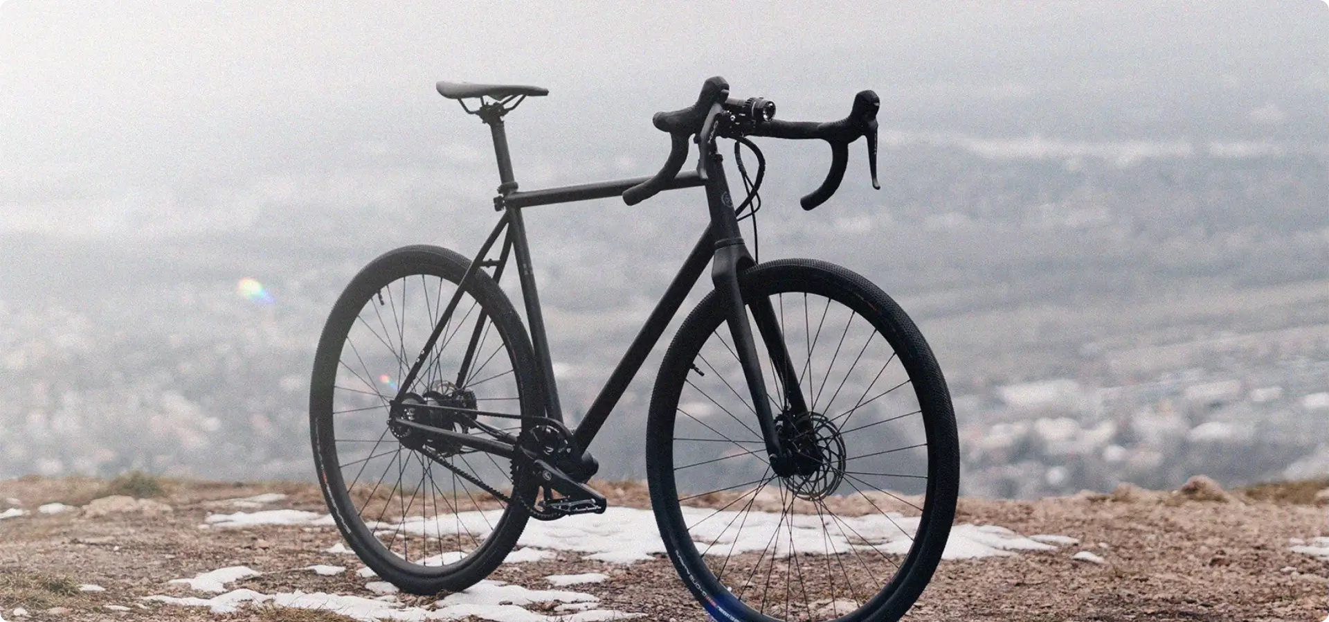 Booda Bike Alpine Rohloff gravel bike on a hilltop