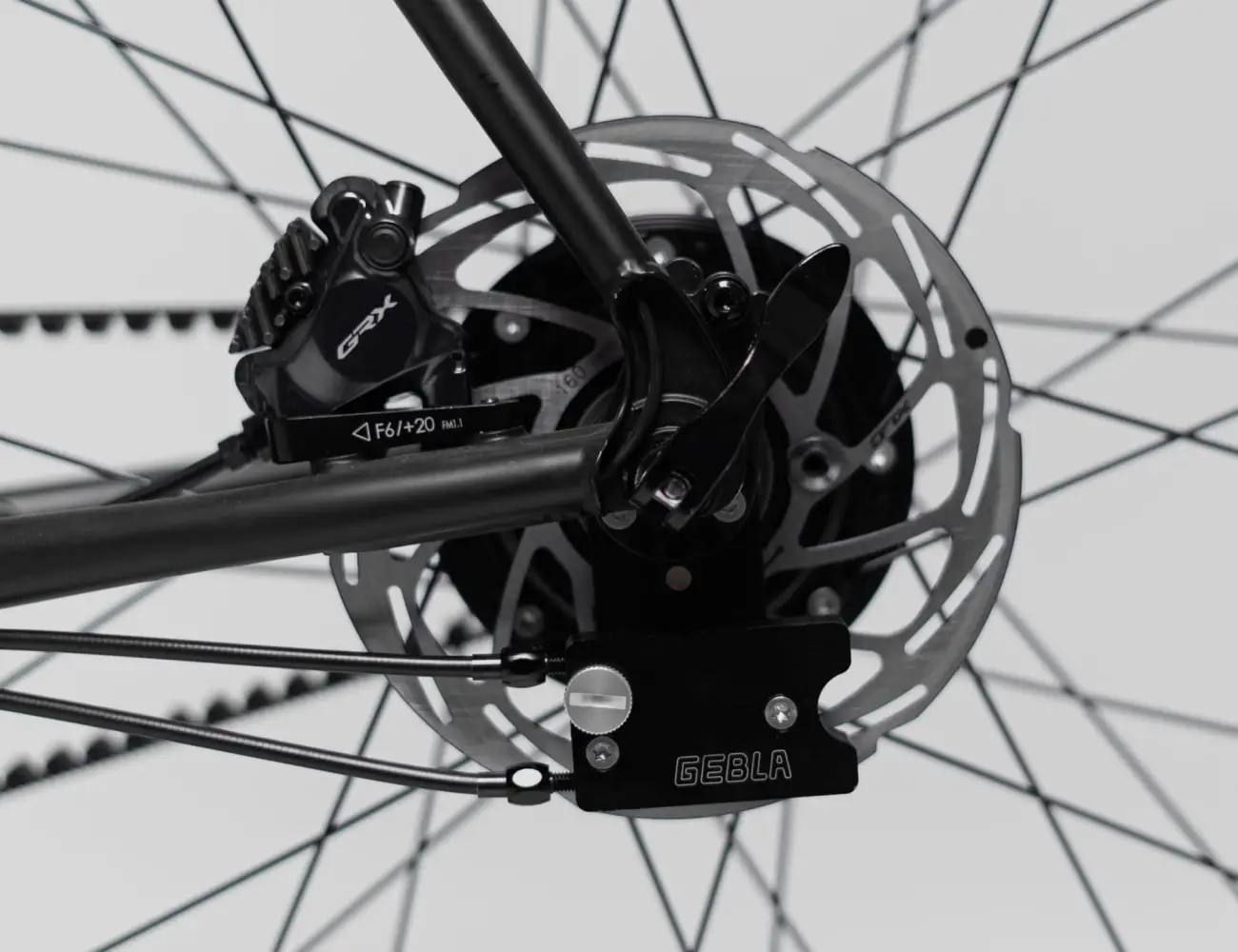 Rear dropout of the Alpine with the Rohloff Speedhub, the Gebla Rohbox and a Shimano GRX brake caliper