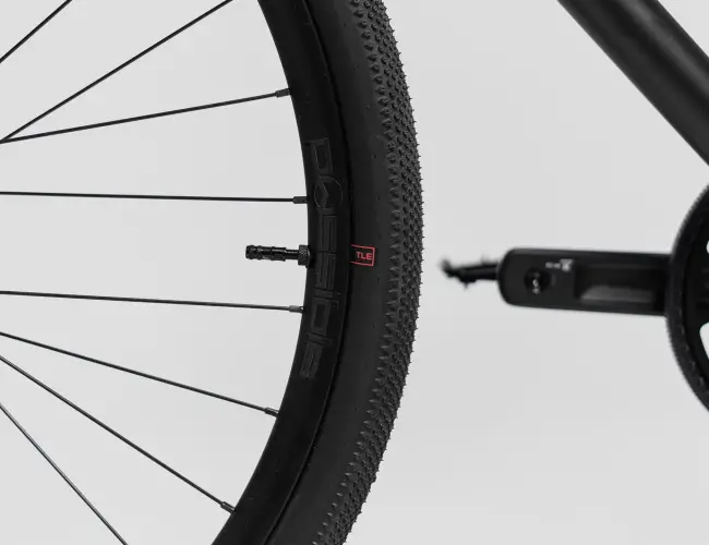 Schwalbe G-One Allround tubeless gravel tyre on the rear wheel, next to the crank