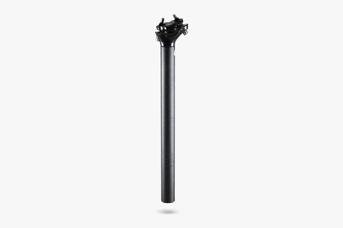 Black aluminium seat post, 27.2 mm, with a saddle cradle at the top, standing upright on a light grey background