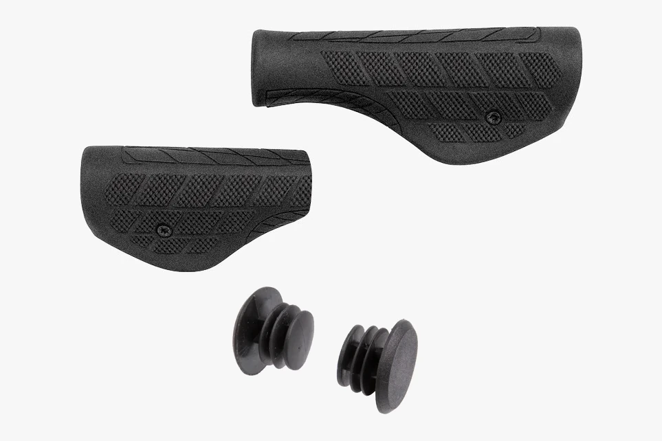 Pair of black wing-shaped Booda Bike Asymmetric Ergo grips for Rohloff, one shorter than the other, above two black bar end plugs