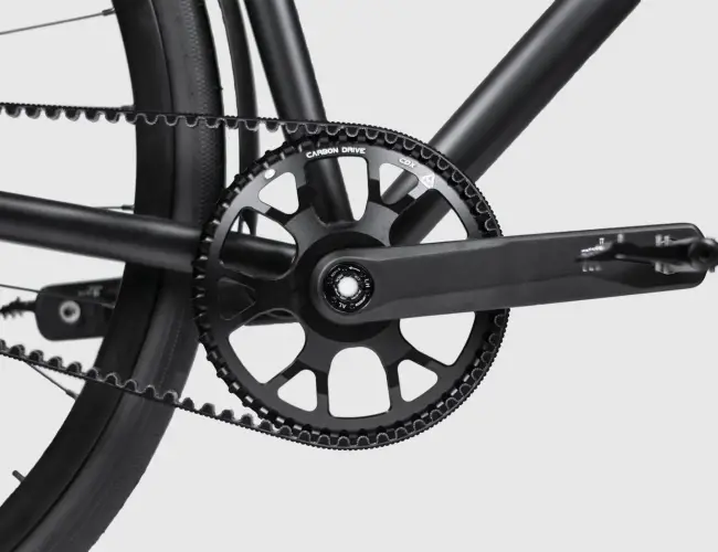Gates CDX carbon belt drive with the front sprocket and belt on the Booda Bike Atlas