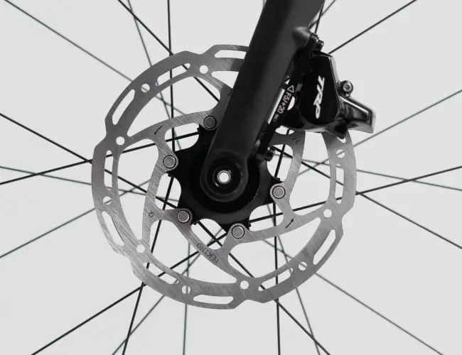 Hydraulic disc brake caliper and rotor on the front wheel of the Booda Bike Atlas