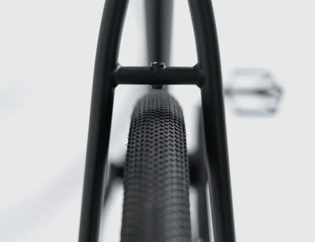 Rear tire of the Booda Bike Atlas between the seat stays