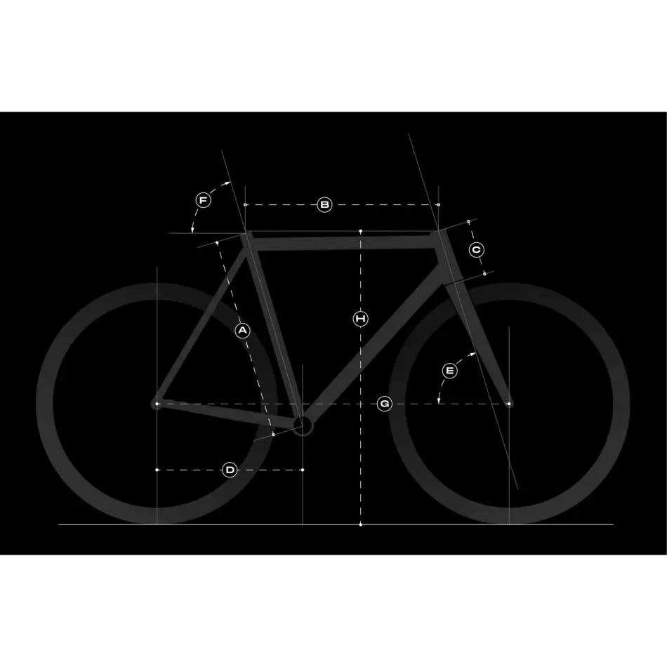 Booda Bike Atlas frame geometry diagram with the measurements A–H marked