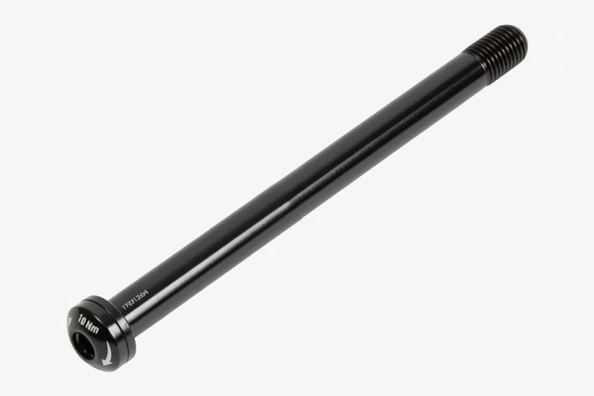 Black Possible front thru axle 100/12 mm with a hex socket head marked 10 Nm and a threaded end