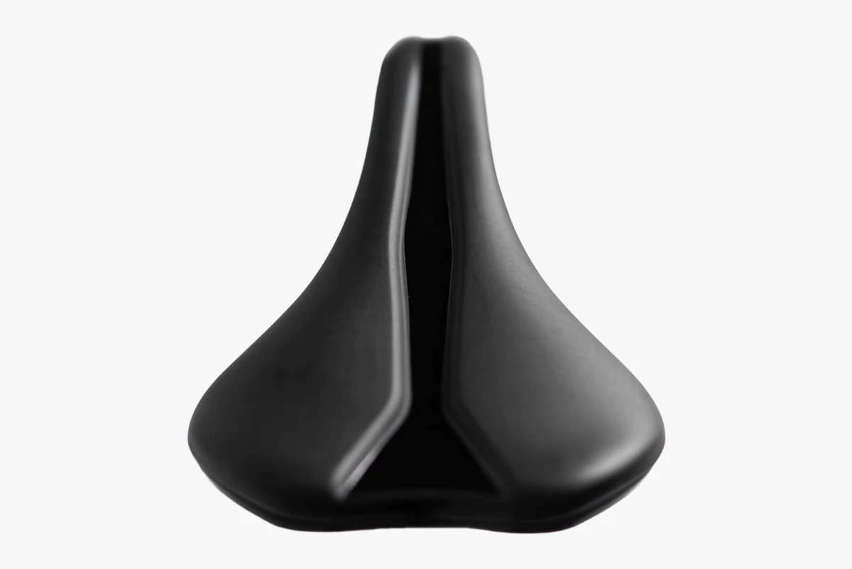 Black Possible HighLiner saddle seen from above with a ridge along the centre, on a light grey background