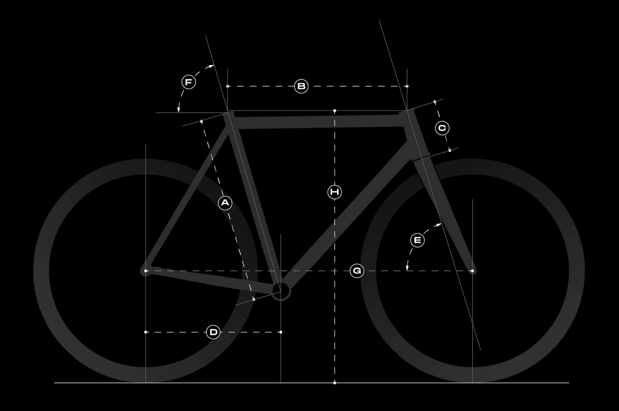 Booda Bike Hiker frame geometry diagram with the measurements A–H marked