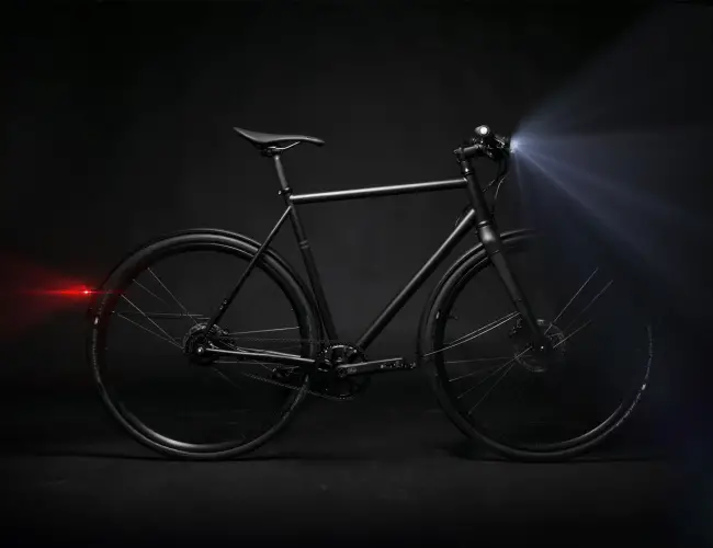 Booda Bike with Supernova dynamo lighting, front and rear lights switched on