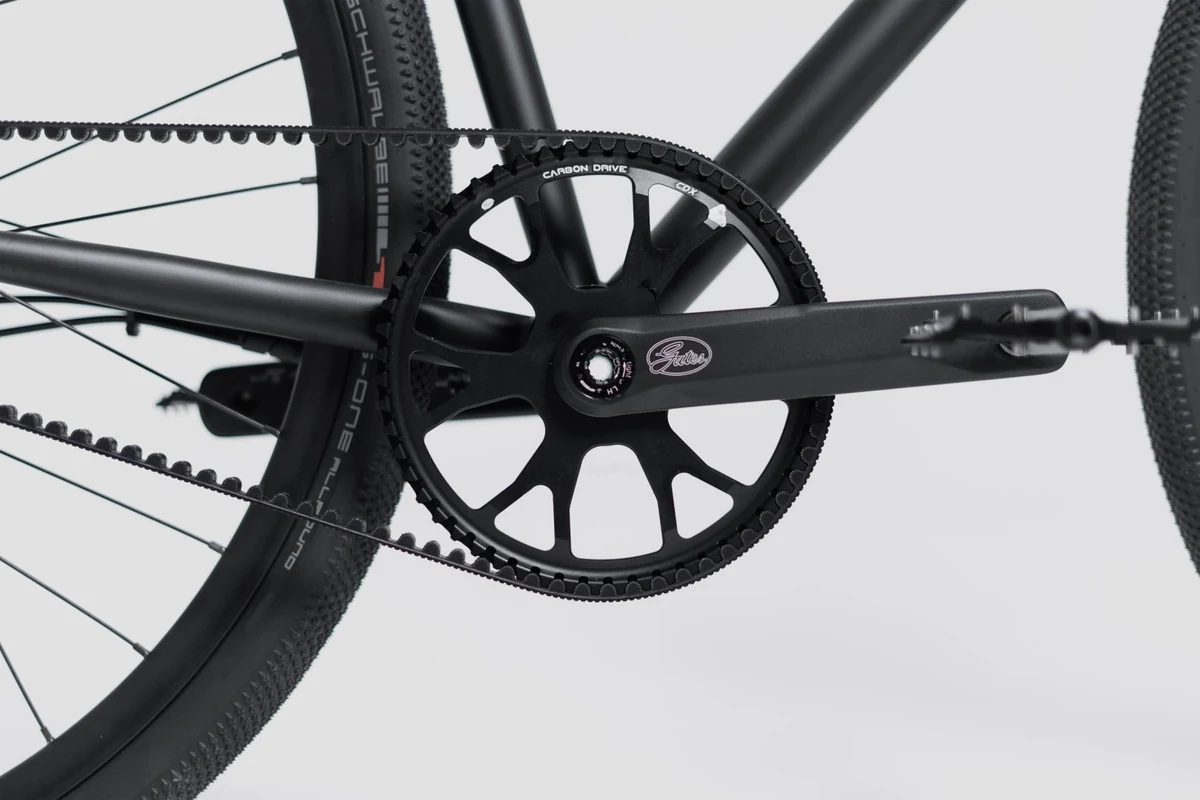 Gates carbon belt and sprocket on the crank of a Booda Bike Alpine, seen from the drive side