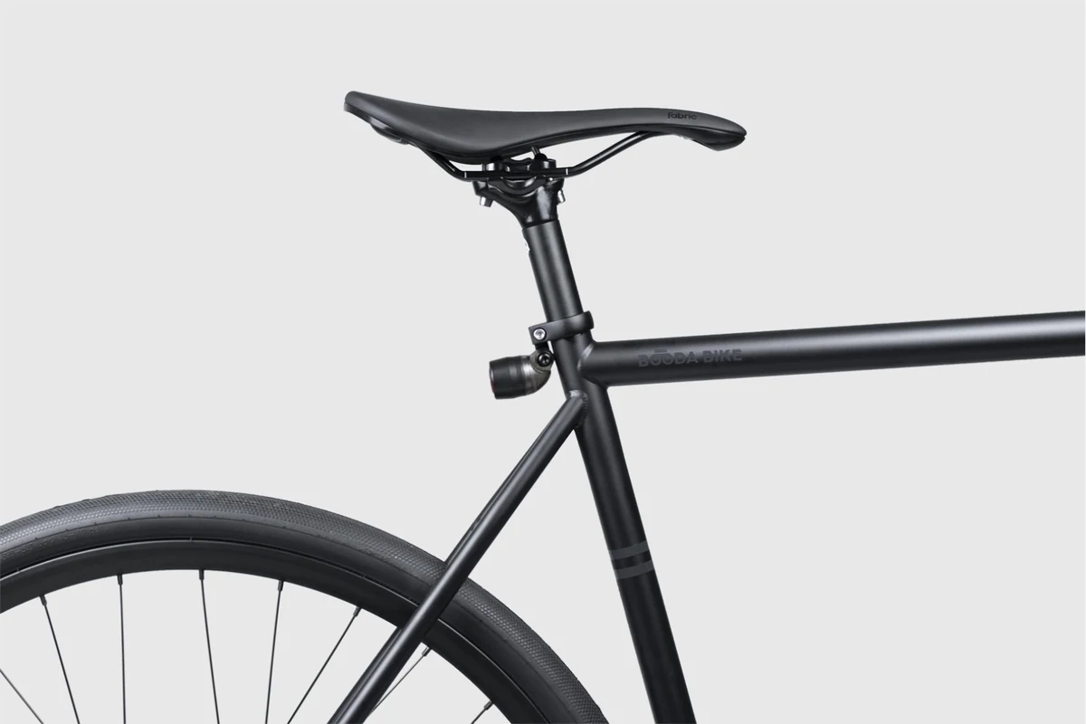 Booda Bike Banker seen from the side with the saddle, seat post and seat clamp above the rear wheel