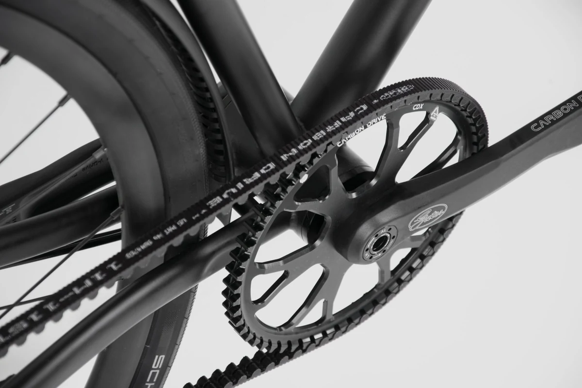 Gates carbon belt, sprocket and crank at the bottom bracket of a Booda Bike Pulse