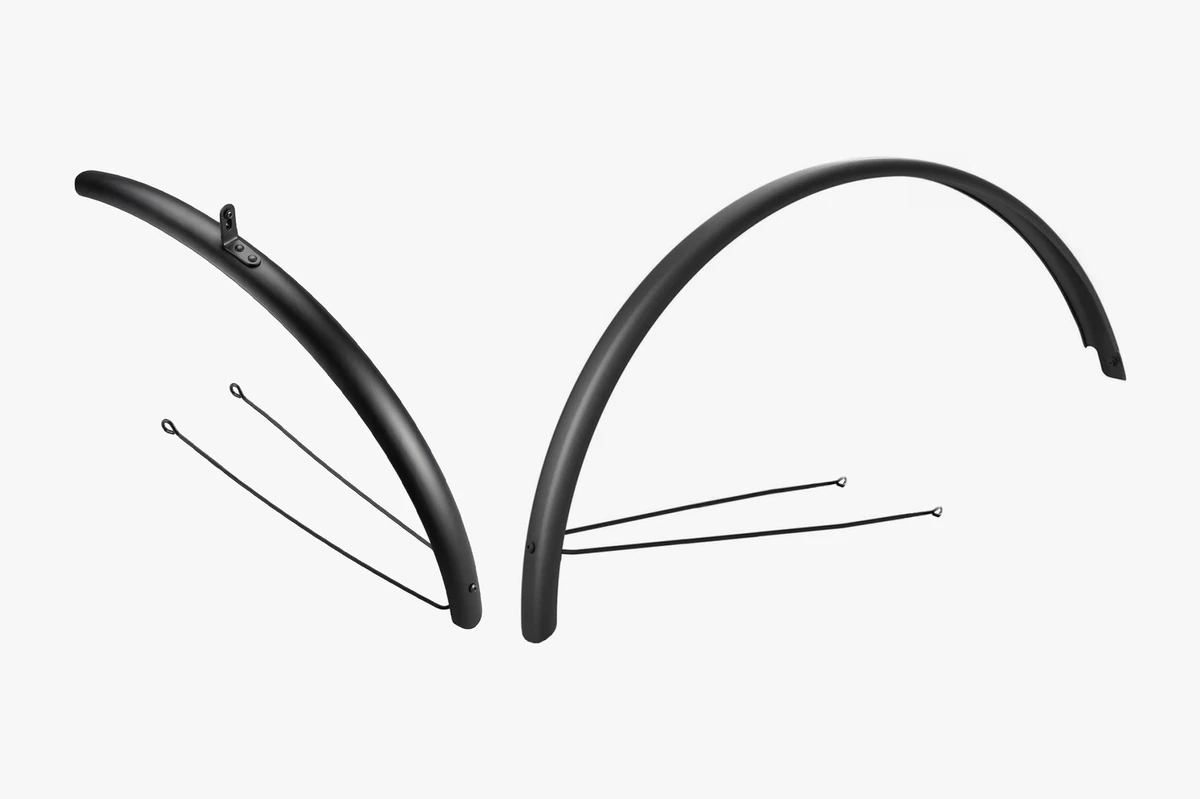 Black aluminium front and rear mudguards with their steel stays on a light grey background