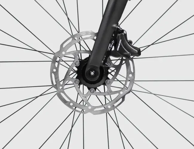 Front disc brake caliper and rotor on a Booda Bike fork