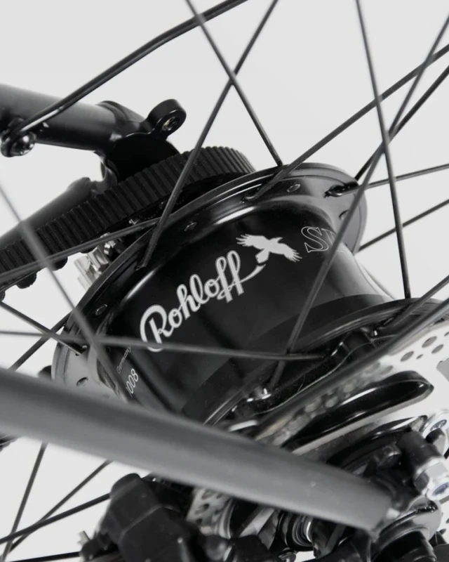 Rear wheel of a Booda Bike with a Rohloff hub, disc brake and the black belt running to the rear sprocket