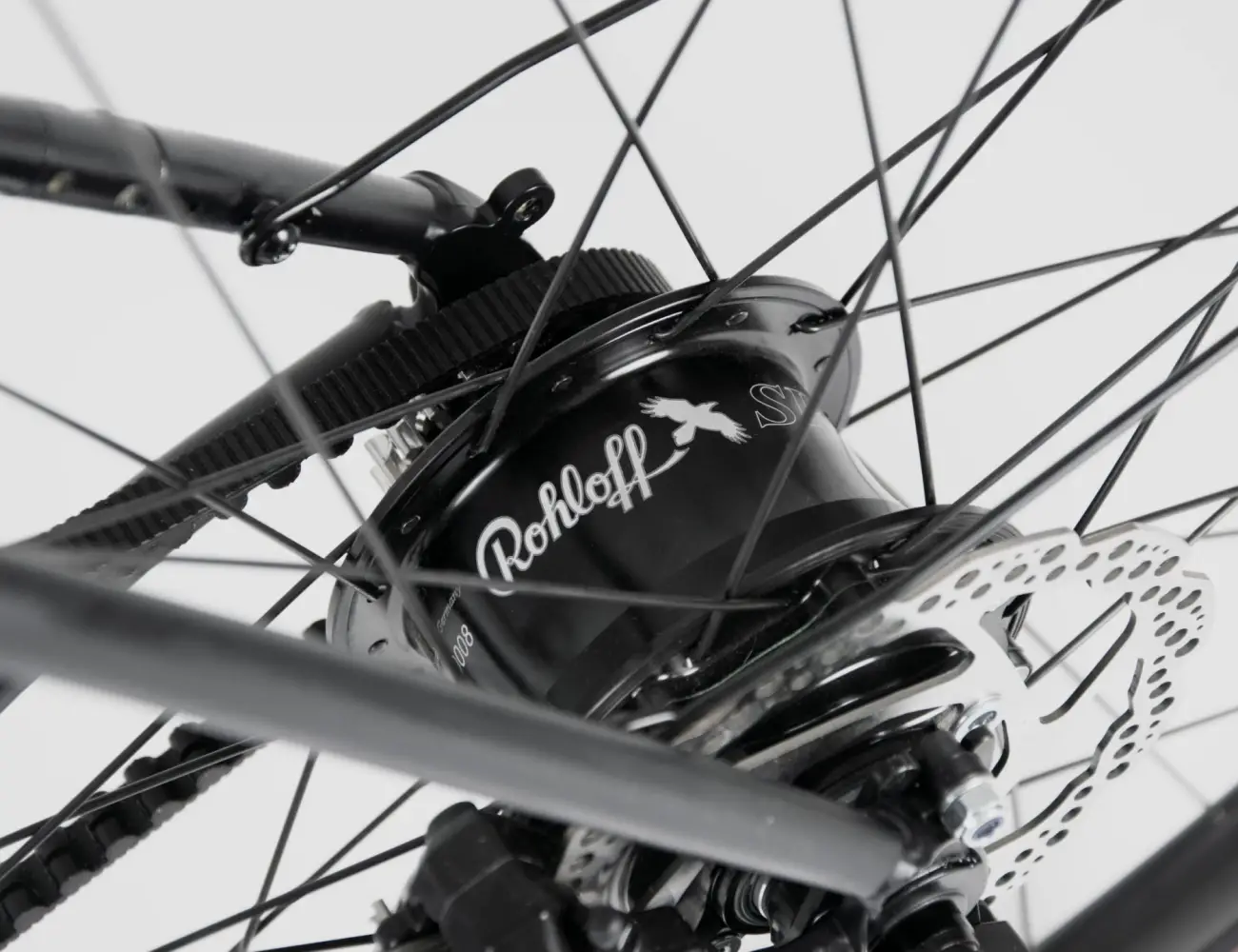 A Rohloff 500/14 Speedhub hátsó agy féktárcsával és küllőkkel, közelről