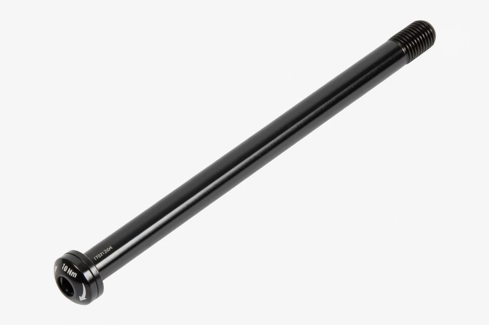 Black Possible rear thru axle 142/12 mm with a hex socket head marked 10 Nm and a threaded end