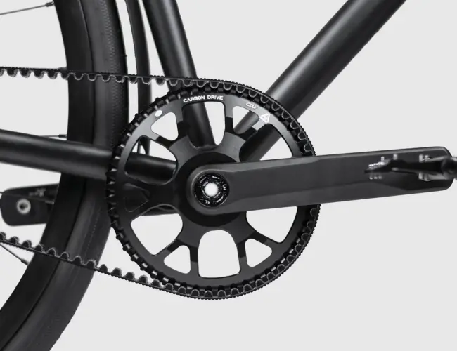 Gates CDX carbon belt drive with the front sprocket and belt on the Booda Bike Sander