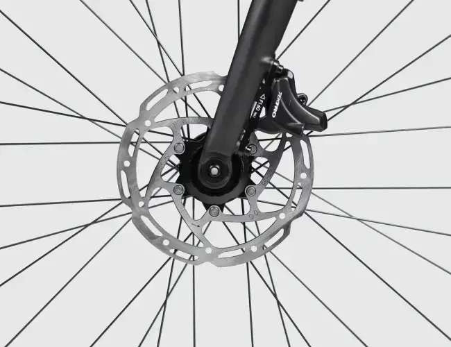 Hydraulic disc brake caliper and rotor on the front wheel of the Booda Bike Sander