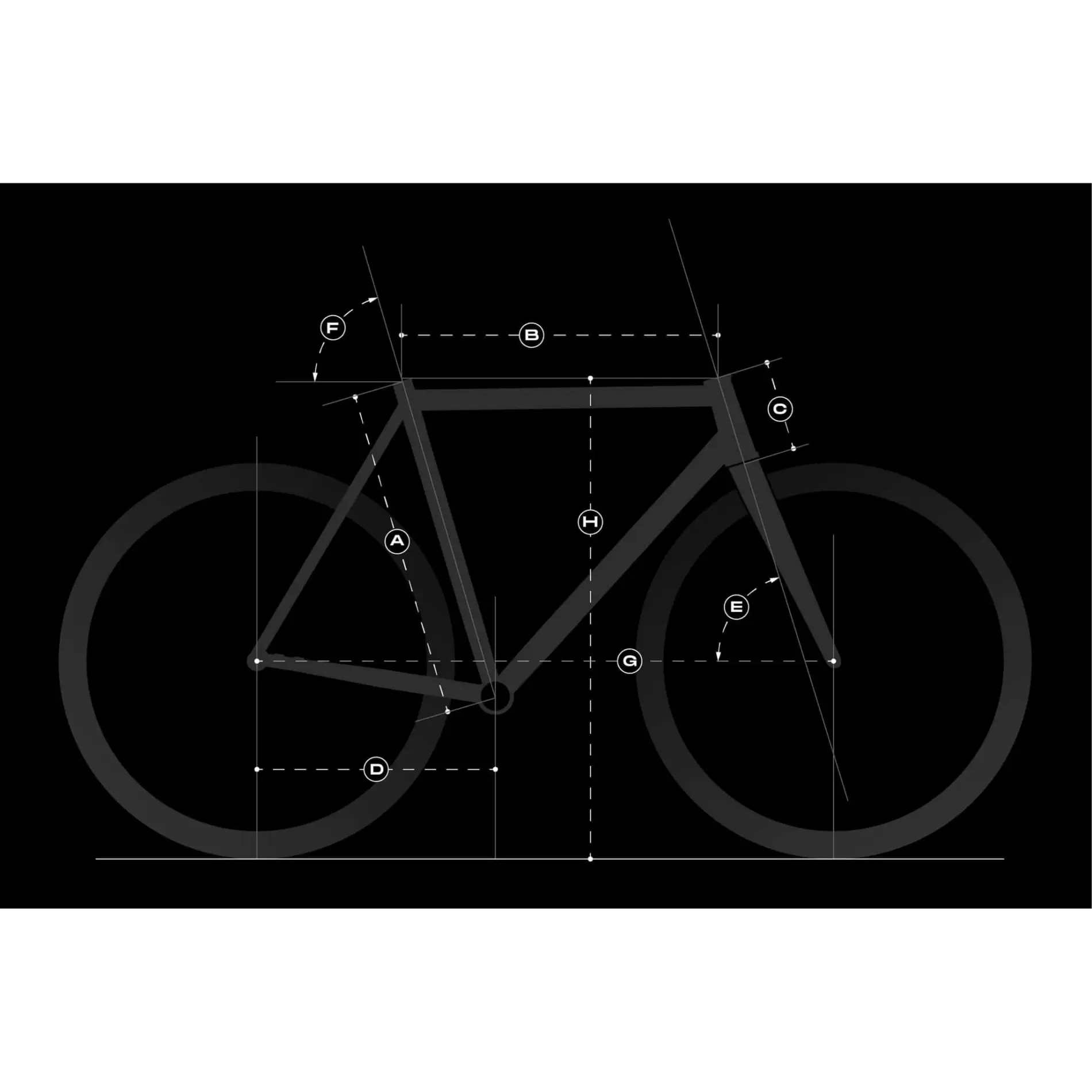 Booda Bike Sander frame geometry diagram with the measurements A–H marked