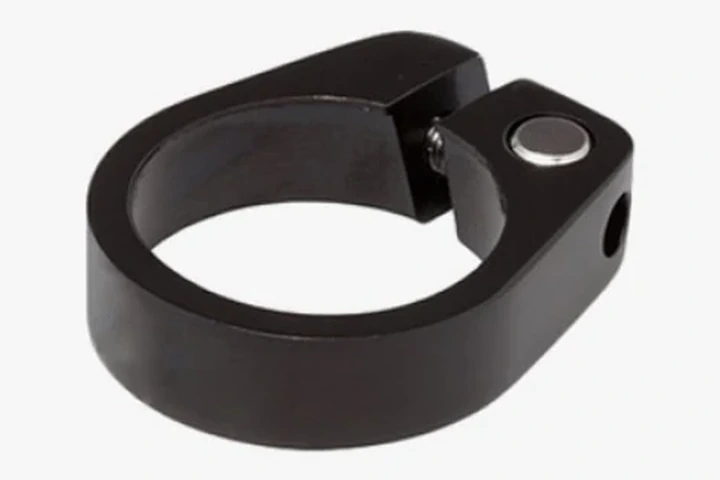 Black aluminium seat clamp with a clamping bolt on a light grey background