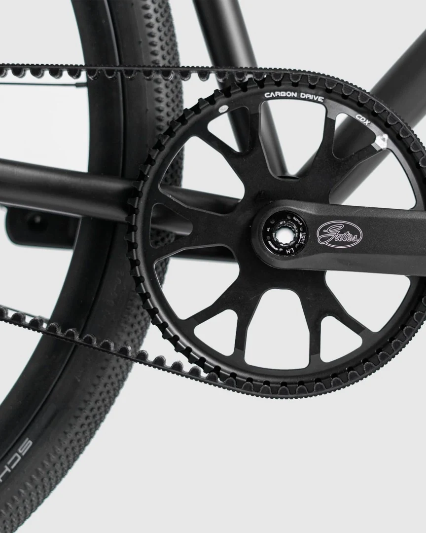 Crank, Gates sprocket and bottom bracket of a Booda Bike Atlas with the carbon belt running to the rear
