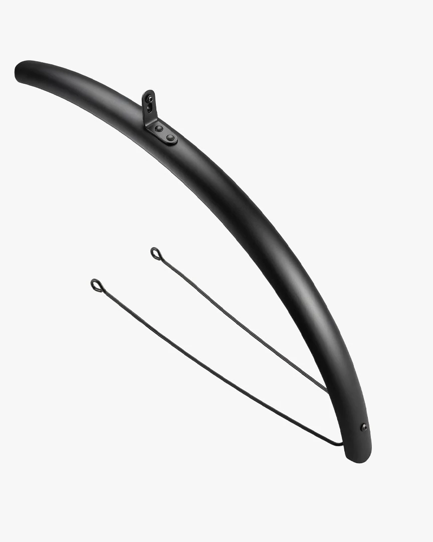 Black aluminium front mudguard with its two steel stays on a light grey background