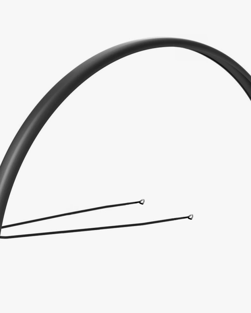 Black aluminium rear mudguard with its two steel stays on a light grey background