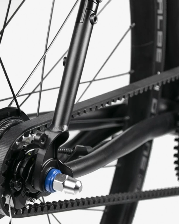 Rear dropout of a Booda Bike with the belt running to the rear sprocket on the hub