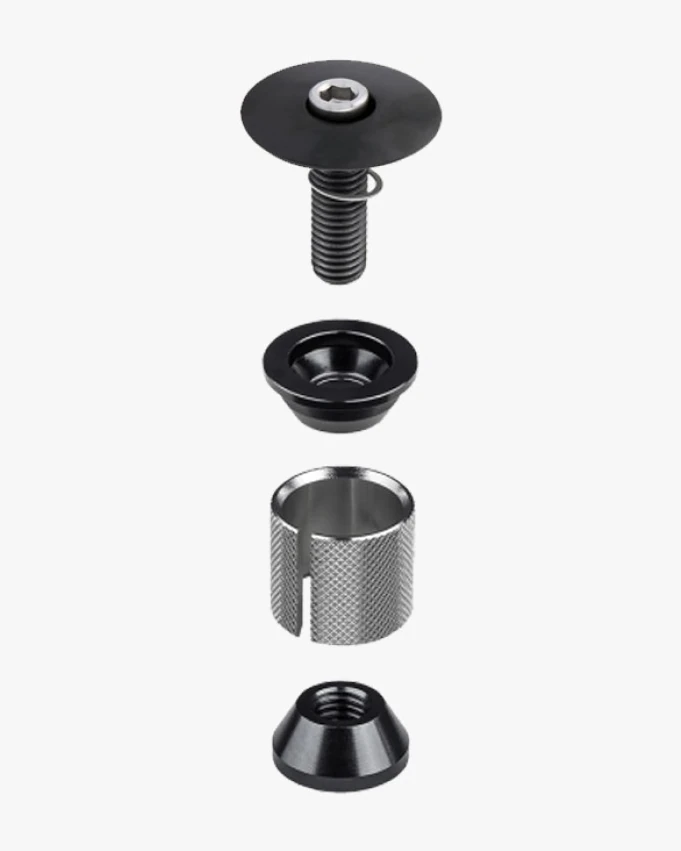 Expander parts stacked in a column: a bolt with a black top cap, a small black flanged cap, a knurled slotted sleeve and a black cone with a threaded hole