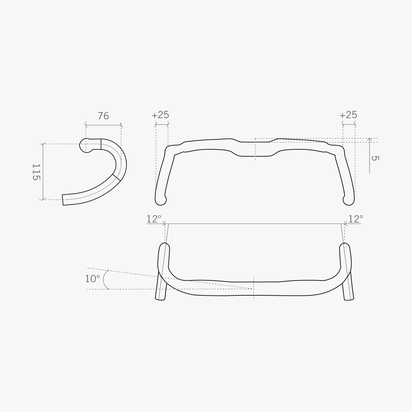 FSA drawing of the K-Wing AGX handlebar with its dimensions: 115 mm drop, 76 mm reach, 25 mm drop offset, 5 mm rise, 12° outward bend and 10° forward angle