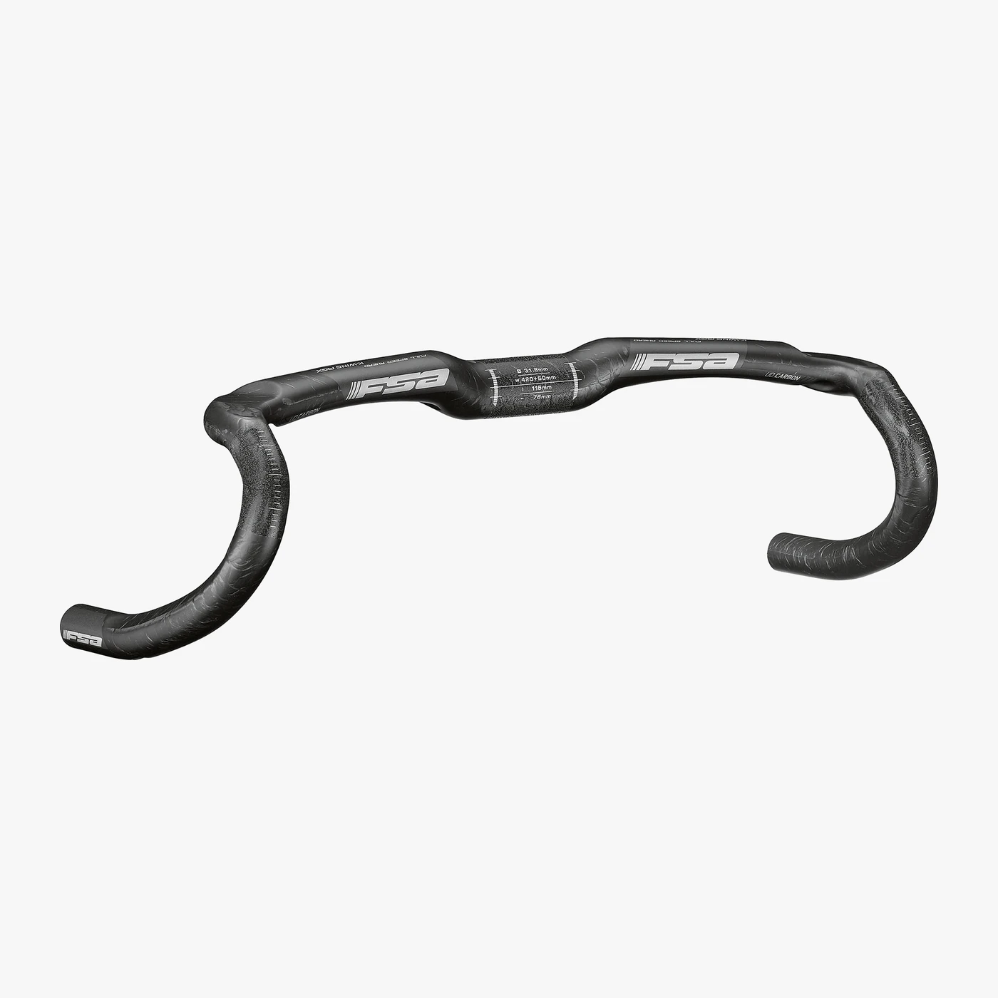 FSA K-Wing AGX full-carbon gravel drop handlebar in black with grey FSA logos and flared drops, seen from the front on a light grey background