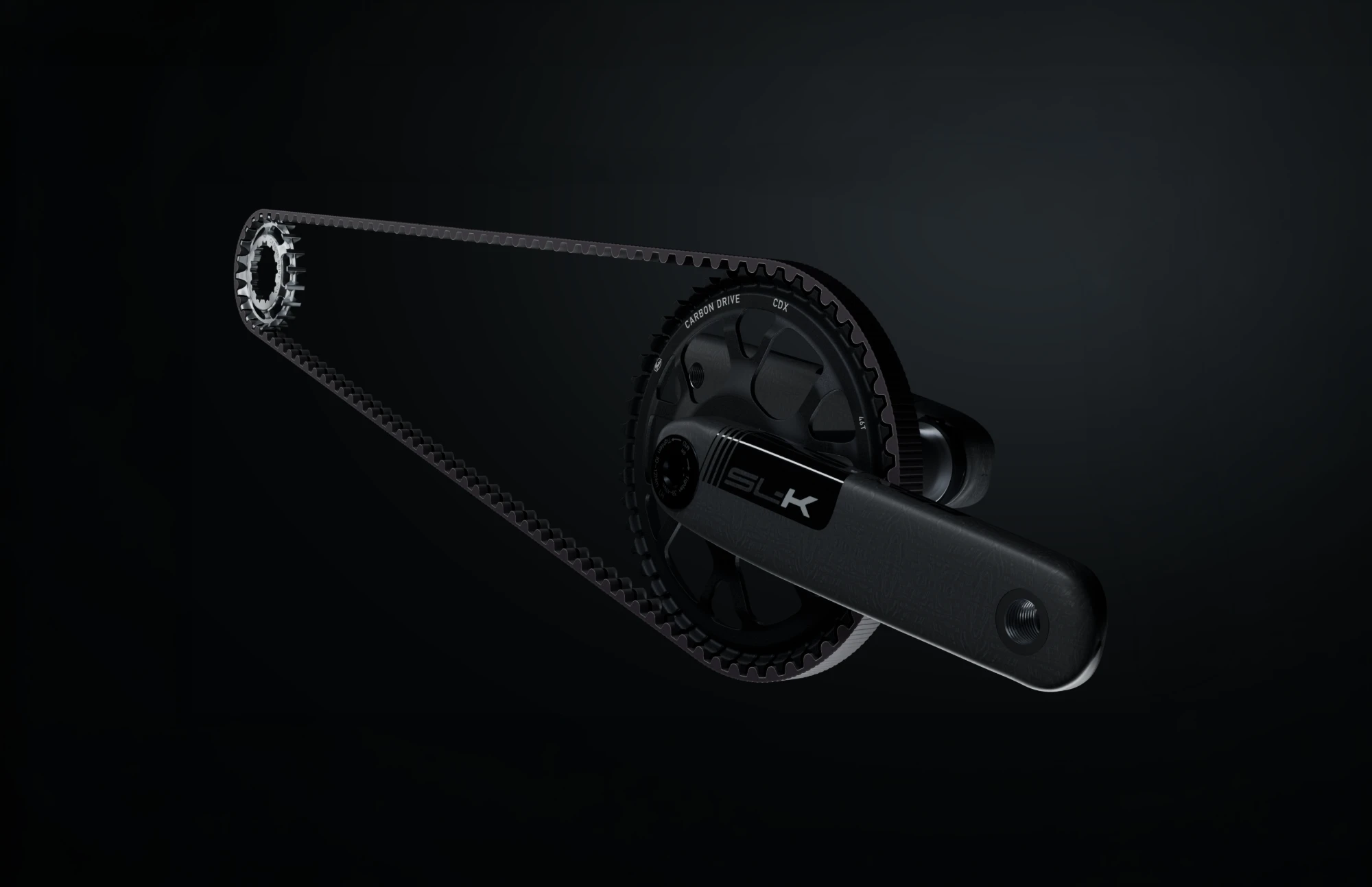 FSA SL-K carbon crank arm with a Gates Carbon Drive CDX 46T direct mount front sprocket and belt drive