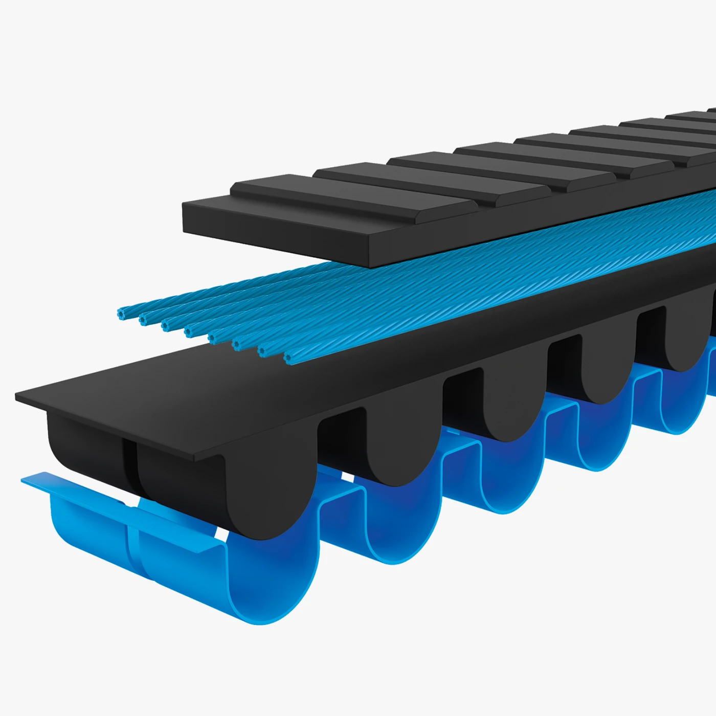 Cutaway illustration of a Gates Carbon Drive CDX belt showing the black body, blue tensile cords and blue tooth layer