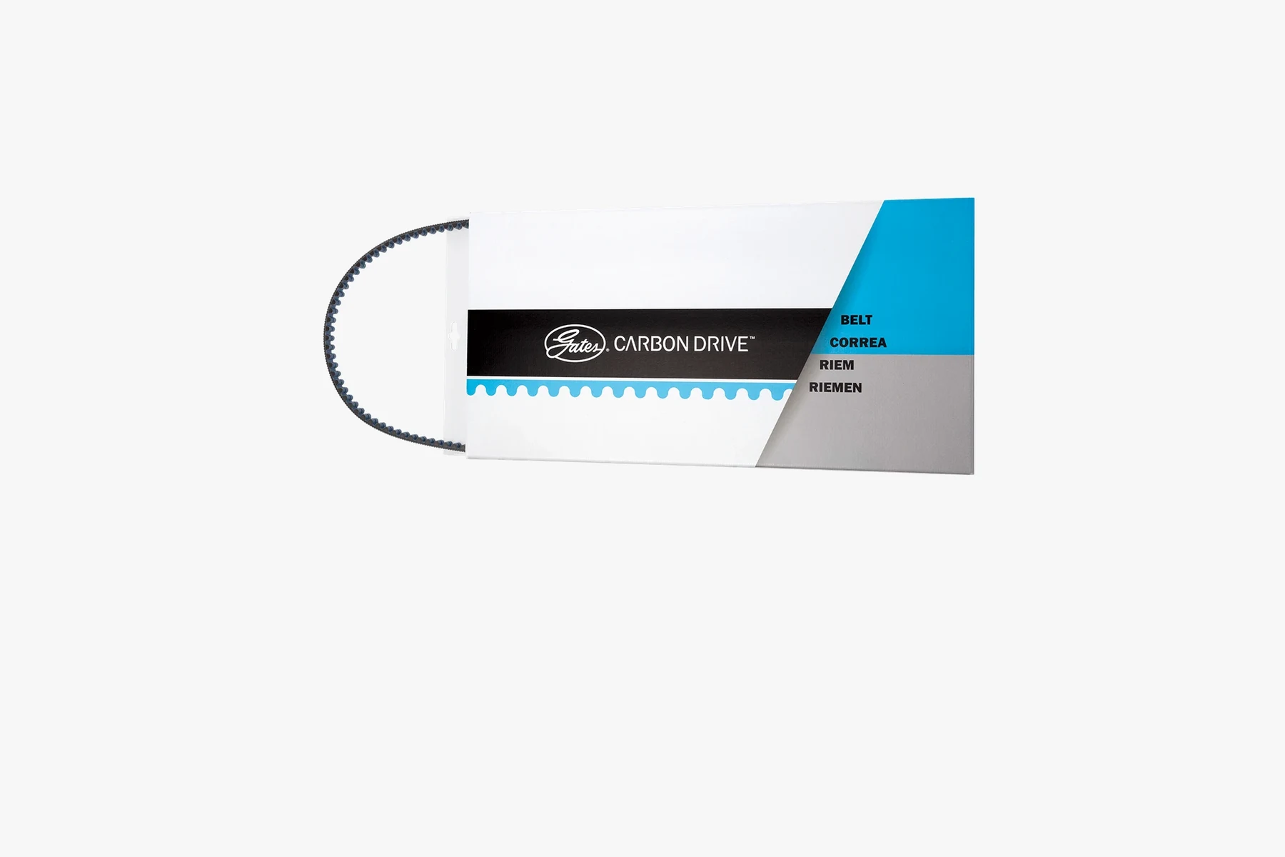 Gates Carbon Drive CDX belt with blue teeth in its retail package, with the belt looped out of the sleeve