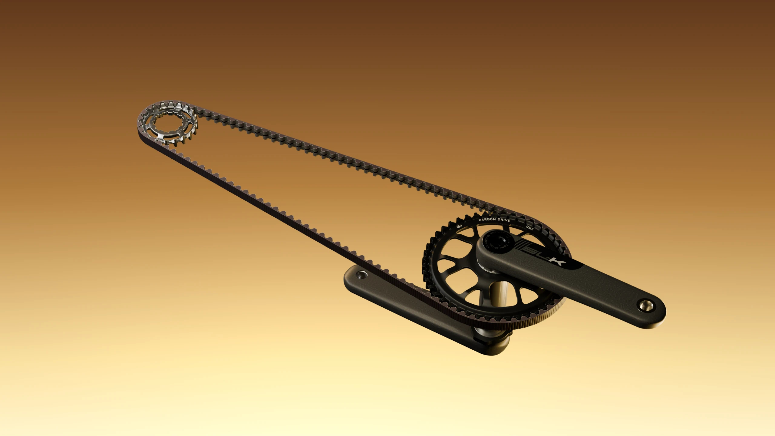 FSA SL-K carbon crank arms with a Gates CDX front sprocket and a Gates Carbon Drive belt running to a rear sprocket